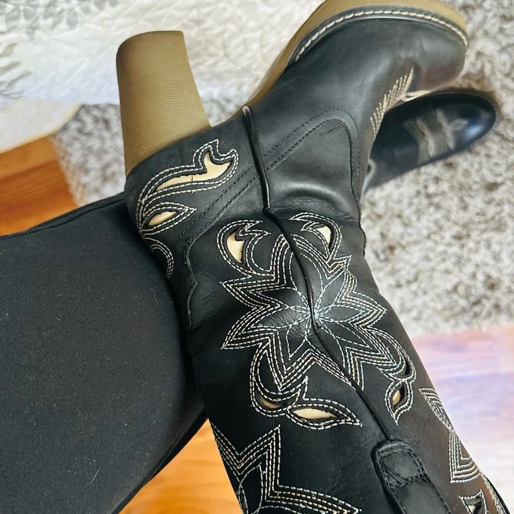 Roper Cowgirl Boots Women’s 6.5 Black Leather Heeled Western Embroidered - Picture 3 of 17